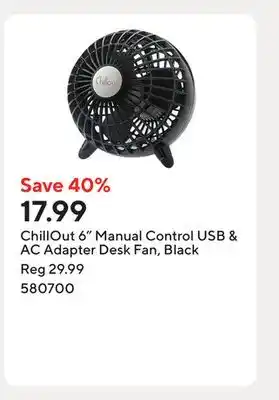 Staples ChillOut 6 Manual Control USB & AC Adapter Desk Fan, Black offer