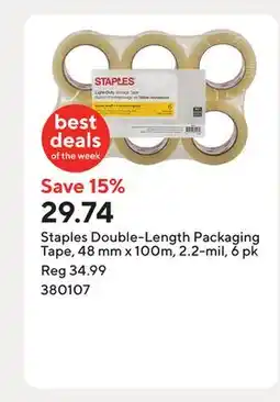 Staples Staples Double-Length Packaging Tape, 48 mm x 100m, 2.2-mil, 6 pk offer