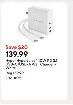 Staples Hyper HyperJuice 140W PD 3.1 USB-C/USB-A Wall Charger - White offer