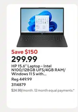Staples HP 15.6 Laptop - Intel N100/128GB UFS/4GB RAM/Windows 11 S with 1-year of Microsoft 365 offer