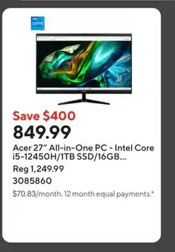Staples Acer 27 All-in-One PC - Intel Core i5-12450H/1TB SSD/16GB RAM/Windows 11 Home offer