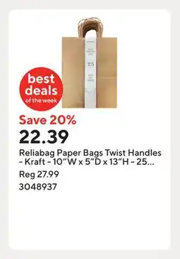 Staples Reliabag Paper Bags Twist Handles - Kraft - 10W x 5D x 13H - 25 Pack offer