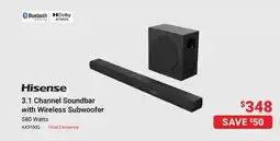 Visions Electronics Hisense 3.1 Channel Soundbar with Wireless Subwoofer offer