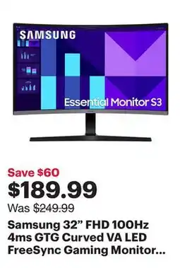 Best Buy Samsung 32 FHD 100Hz 4ms GTG Curved VA LED FreeSync Gaming Monitor (LS32D390GANXZA) - Black offer