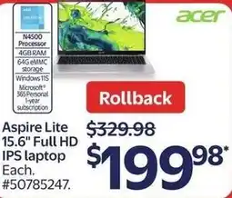 Walmart acer Aspire Lite 15.6" Full HD IPS laptop offer