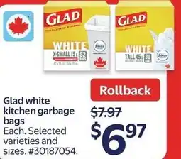 Walmart Glad white kitchen garbage bags offer