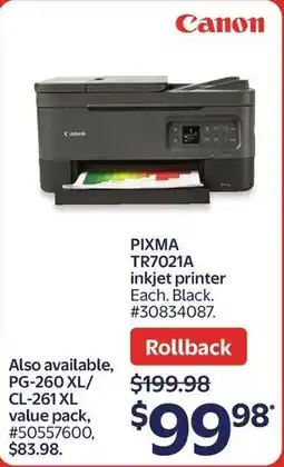 Walmart Canon PIXMA TR7021A inkjet printer offer