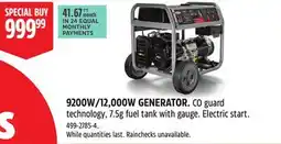 Canadian Tire 9200W/12,000W GENERATOR. CO guard technology, 7.5g fuel tank with gauge. Electric start offer