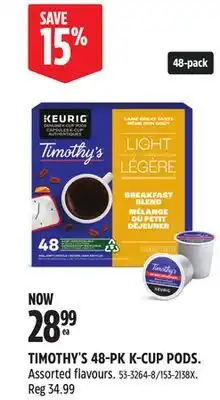 Canadian Tire TIMOTHY'S 48-PK K-CUP PODS offer