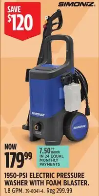 Canadian Tire SIMONIZ 1950-PSI ELECTRIC PRESSURE WASHER WITH FOAM BLASTER offer