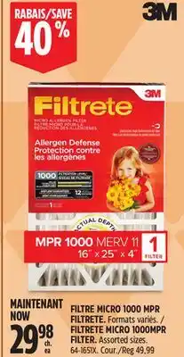 Canadian Tire 3M FILTRETE MICRO 1000MPR FILTER offer