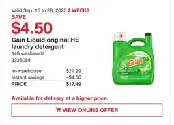 Costco Gain Liquid original HE laundry detergent offer