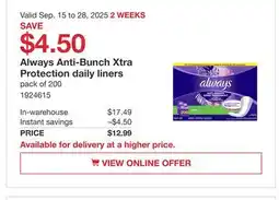 Costco Always Anti-Bunch Xtra Protection daily liners offer