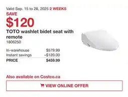 Costco TOTO washlet bidet seat with remote offer