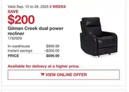 Costco Gilman Creek dual power recliner offer