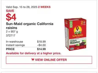 Costco Sun-Maid organic California raisins offer
