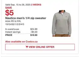 Costco Nautica men's 1/4 zip sweater offer