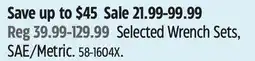 Canadian Tire Mastercraft Selected Wrench Sets, SAE/Metric offer