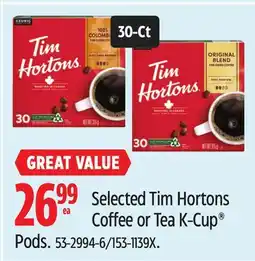 Canadian Tire Selected Tim Hortons Coffee or Tea K-Cup Pods offer