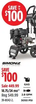Canadian Tire Simoniz Platinum 3050 PSI 2.8 GPM Gas Pressure Washer with Extension Wand offer