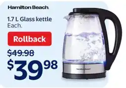 Walmart Hamilton Beach 1.7 L Glass kettle offer