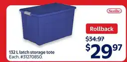 Walmart Sterilite 132 L latch storage tote offer