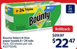 Walmart Bounty Select-A-Size Paper Towels 8=24 rolls offer