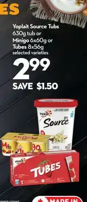 Longo's Yoplait Source Tubs 630g tub or Minigo 6x60g or Tubes 8x56g offer