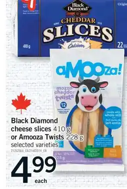 Fortinos BLACK DIAMOND CHEESE SLICES, 410 G OR AMOOZA TWISTS, 228 G offer