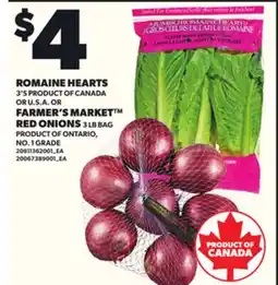 Loblaws ROMAINE HEARTS, 3'S OR FARMER'S MARKET RED ONIONS, 3 LB BAG offer