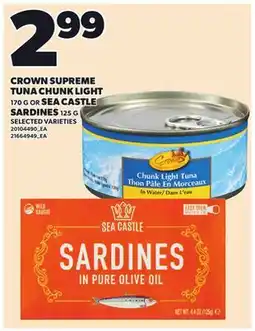 Loblaws CROWN SUPREME TUNA CHUNK LIGHT, 170 G OR SEA CASTLE SARDINES, 125 G offer