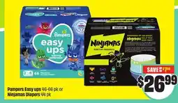 FreshCo Pampers Easy ups 46-66 pk or Ninjamas Diapers 44pk offer