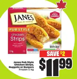 FreshCo Janes Pub Style Chicken Strips, Nuggets or Burgers Frozen 1.1 kg offer