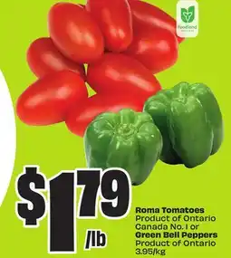 FreshCo Roma Tomatoes Product of Ontario Canada No. 1 or Green Bell Peppers Product of Ontario 3.95/kg offer