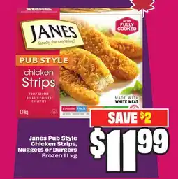 Chalo FreshCo Janes Pub Style Chicken Strips, Nuggets or Burgers Frozen offer