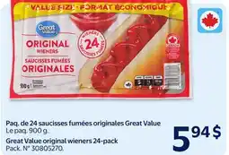Walmart Paq. de 24 saucisses fumées originales Great Value offer