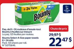 Walmart Paq. de 8 = 24 rouleaux d'essuie-tout suie-tout Bounty à feuilles sur mesure offer