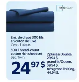 Walmart Ens. de draps 300 fils en coton de luxe offer