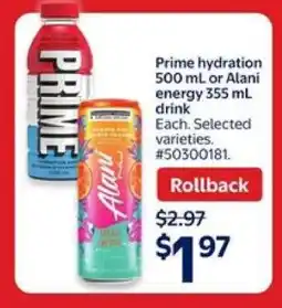Walmart Prime hydration 500 mL or Alani energy 355 mL drink offer