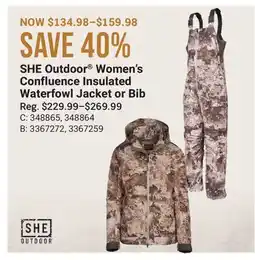 Cabela's SHE Outdoor Women's Confluence Insulated Waterfowl Jacket or Bib offer
