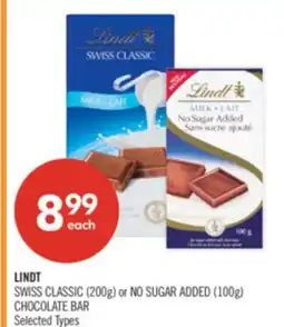 Shoppers Drug Mart LINDT SWISS CLASSIC (200g) or NO SUGAR ADDED (100g) CHOCOLATE BAR offer