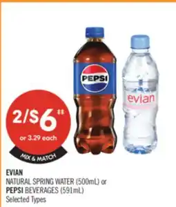 Shoppers Drug Mart EVIAN NATURAL SPRING WATER (500mL) or PEPSI BEVERAGES (591mL) offer