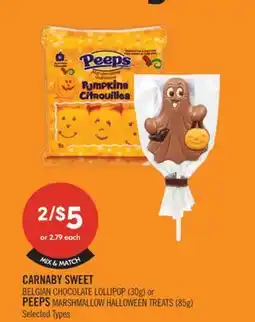 Shoppers Drug Mart CARNABY SWEET BELGIAN CHOCOLATE LOLLIPOP (30g) or PEEPS MARSHMALLOW HALLOWEEN TREATS (85g) offer
