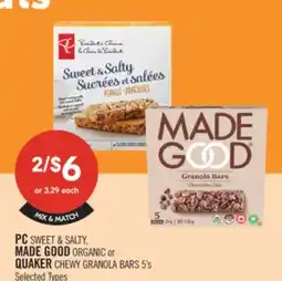 Shoppers Drug Mart PC SWEET & SALTY, MADE GOOD ORGANIC or QUAKER CHEWY GRANOLA BARS 5's offer