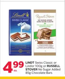 Rexall LINDT Swiss Classic or Lindor 100g or RUSSELL STOVER No Sugar Added 85g Chocolate Bars offer