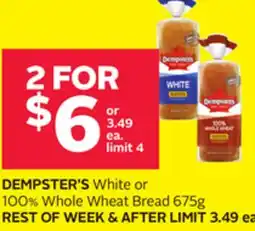 Rexall DEMPSTER'S White or 100% Whole Wheat Bread 675g offer