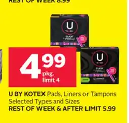Rexall U BY KOTEX Pads, Liners or Tampons offer