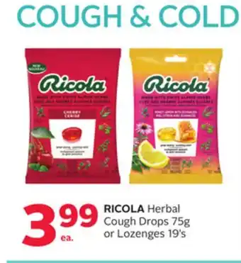 Rexall RICOLA Herbal Cough Drops 75g or Lozenges 19's offer