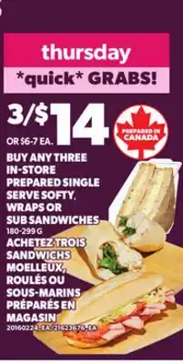 Independent City Market BUY ANY THREE IN-STORE PREPARED SINGLE SERVE SOFTY, WRAPS OR SUB SANDWICHES, 180-299 G offer