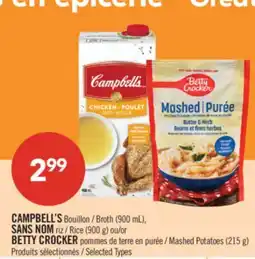 Pharmaprix CAMPBELL'S Broth (900 mL), Rice (900 g) or BETTY CROCKER Mashed Potatoes (215 g) offer